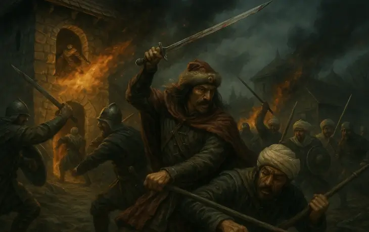 Karanlık ve sisli bir gecede Vlad Tepeş’in birlikleriyle Osmanlı köylerine saldırdığı, alevler, çatışma ve kaosun hâkim olduğu dramatik savaş sahnesi.